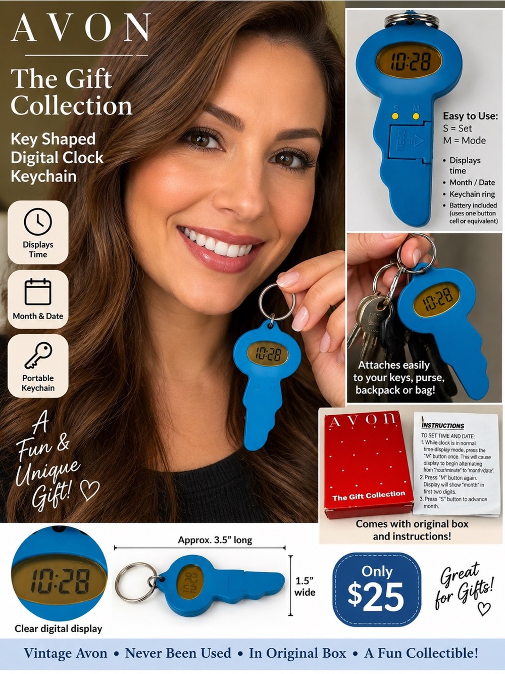 Avon vintage Blue Key-Shaped LED Key Light with Keyring-batteries not included